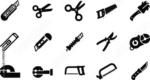 Set of cutting and sharpening tools in silhouette on transparent background.