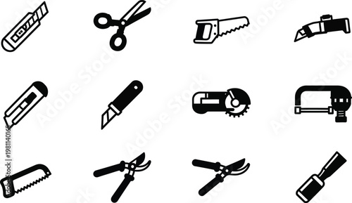 Set of cutting tool icons with black silhouette style on transparent background.