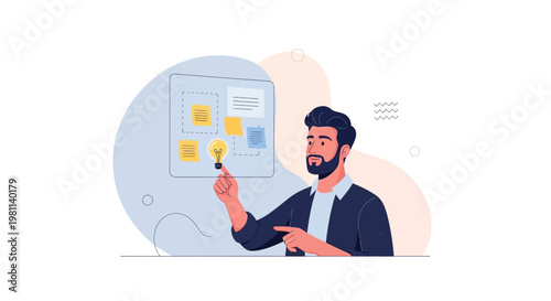 Man with Beard Points to Light Bulb Idea on Sticky Notes Board