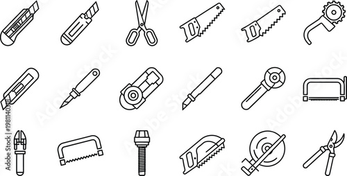 Industrial cutting tool icons featuring saws and blades in linear design.
