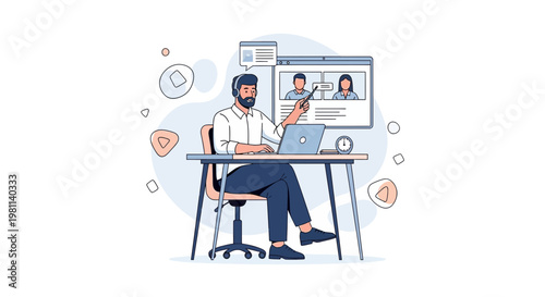 Man with headphones teaching online via laptop, video conference, remote work