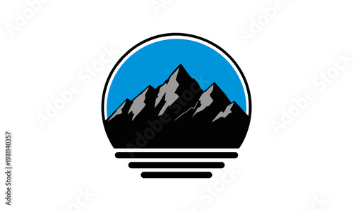 A serene mountain landscape with a stylized illustration of rugged peaks under a blue sky.