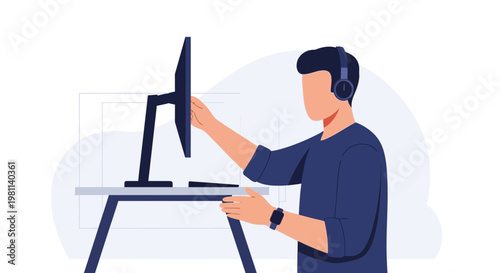 Man with headphones working on a computer at a desk, modern illustration