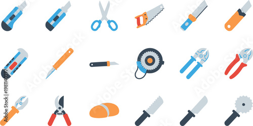 Colorful flat design icons of cutting tools and utility knives.