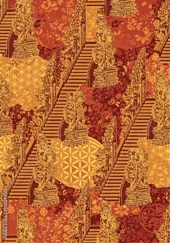 Intricate illustration of Balinese temple architecture with repeating stairways and ornate statues