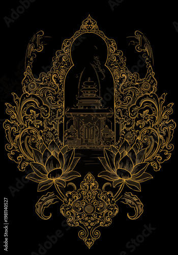 Intricate illustration of a traditional Balinese temple within an ornamental gold frame design