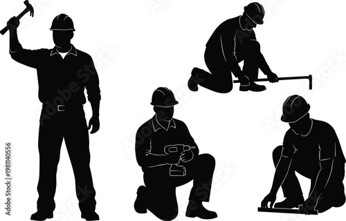 Silhouette construction workers using tools hammer drilling measuring teamwork industrial labor safety helmet vector illustration isolated background professional equipment scene