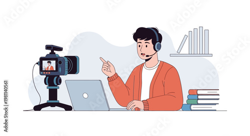 Man with headset and laptop recording video with camera, online education, streaming
