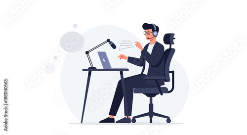 Man with headset and microphone recording podcast at desk with laptop