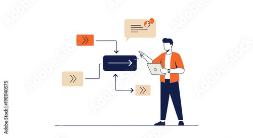 Man with laptop analyzing flowchart, business process, workflow, strategy, planning