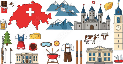 Switzerland Travel Icons Set with Map, Alps Mountains, Castle, Traditional Costume, Cheese, Ski Equipment and Landmarks Tourism Vector Illustration