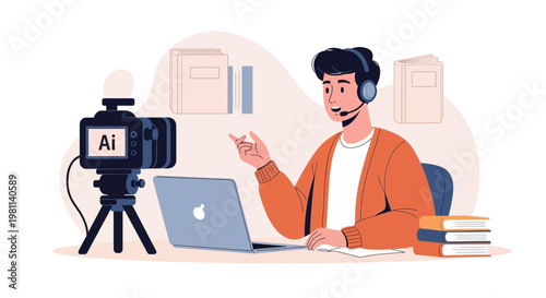 Man with headset records video lesson on laptop with camera and books