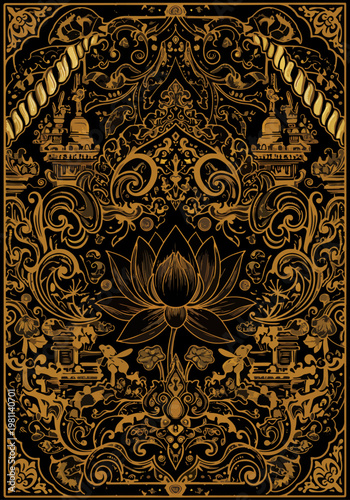 Intricate golden ornamental illustration featuring lotus flower and ornate decorative elements on a black background