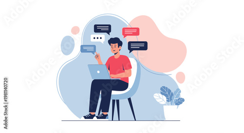 Man with laptop communicating online with speech bubbles, remote work concept