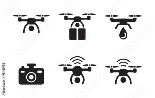 Collection of drone icons showing different functions like carrying cargo camera and water.