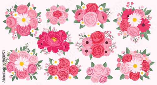 Pink Floral Bouquet Vector Set. Elegant Rose and Daisy Flower Arrangements Illustration. Minimalist Botanical Garden Design Elements for Decoration.