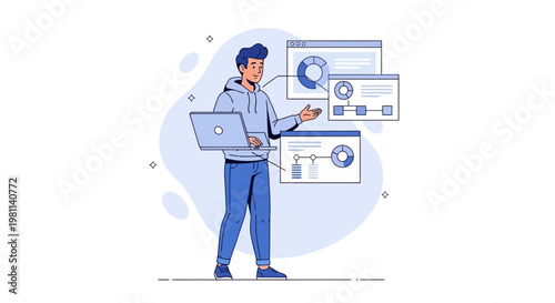 Man with laptop presenting data analysis charts and graphs on screens