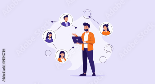 Man with Laptop Connecting People in Virtual Network, Remote Teamwork Concept