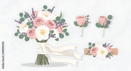 Wedding Floral Bouquet and Boutonniere Vector Set. Elegant Pink Roses and Lavender Illustration. Romantic Bridal Flower Arrangement Design.
