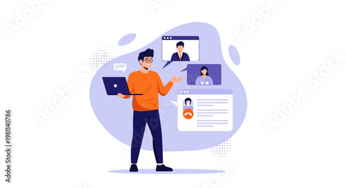 Man with Laptop in Video Conference, Online Communication, Remote Work