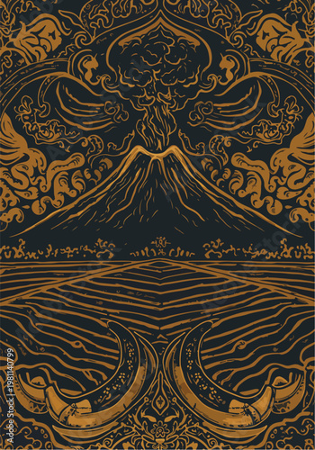 Intricate golden illustration of a volcano erupting with detailed ornamental elements on a dark background