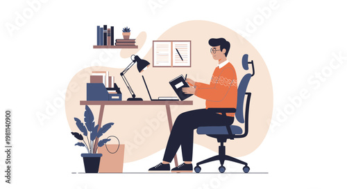 Man working at desk with laptop and books, home office setup, illustration