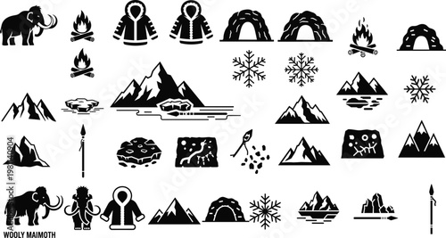Ice Age and Prehistoric Icons Set with Mammoth, Igloo, Mountains, Fire, Snowflakes, Caveman Tools, and Ancient Survival Vector Collection