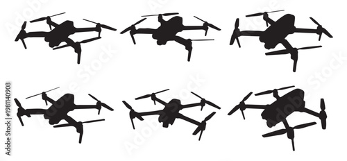 Black silhouette set of quadcopter drones flying in different perspectives and angles for technology.