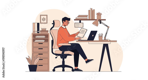 Man working at desk with laptop and documents, home office setup, modern workspace