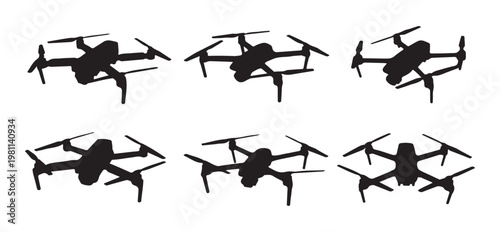 Professional drone silhouette collection featuring various flight orientations and mechanical designs.