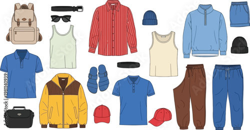 Men Clothing and Accessories Set with Shirts, Jackets, Pants, Hats, Backpack and Casual Outfit Elements for Fashion Collection Vector Illustration