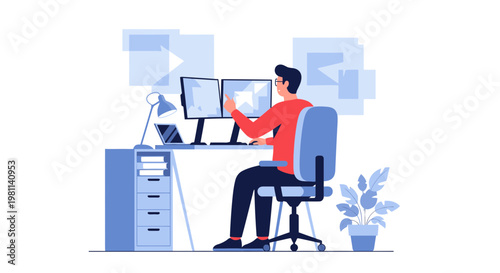 Man working at desk with dual monitors, laptop, and plant - modern office setup