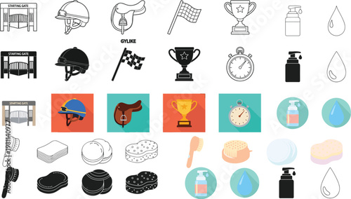 Horse Racing Icons Set with Jockey Helmet, Starting Gate, Trophy, Stopwatch, Saddle Equipment, Grooming Tools, and Equestrian Care Vector Collection