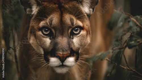 Close-up Portrait of a Majestic Cougar in a Forest Setting