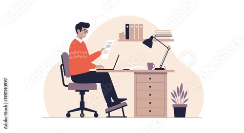 Man working at desk with laptop, documents, and lamp, home office setup