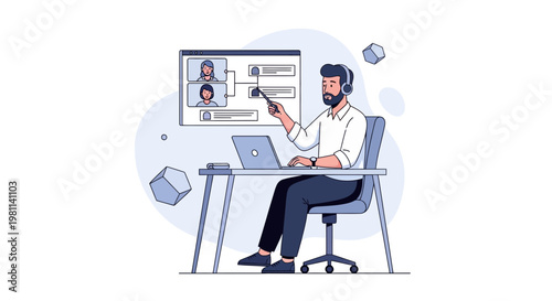 Man in Headphones Teaching Online via Video Conference and Laptop