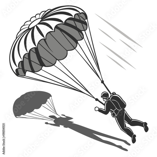 A grayscale illustration depicts two skydivers in mid air descending with open parachutes against a plain white background high quality professional detailed