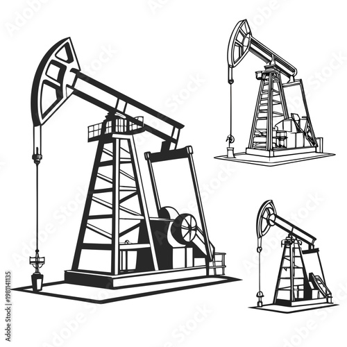 A detailed black and white illustration showcases multiple oil pumps representing the infrastructure for extracting crude oil from the earth high quality