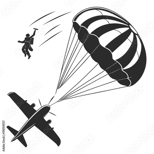 A black and white illustration depicts a skydiver jumping from an airplane showcasing the thrill of aerial sports and adventure high quality