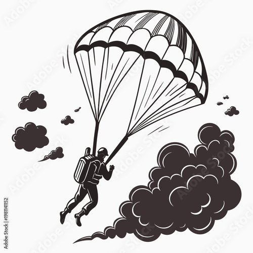 A detailed black and white illustration depicts a skydiver descending with a fully deployed parachute amidst swirling cloud formations high quality professional