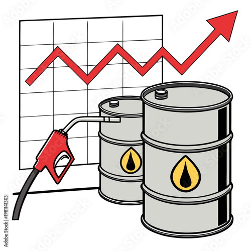 This illustration depicts rising oil prices shown with a graph and oil barrels representing energy market fluctuations and economic impact high quality