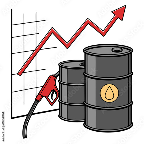 A graphic illustration depicts rising oil prices symbolized by a red line graph above stacked oil barrels and a fuel nozzle
