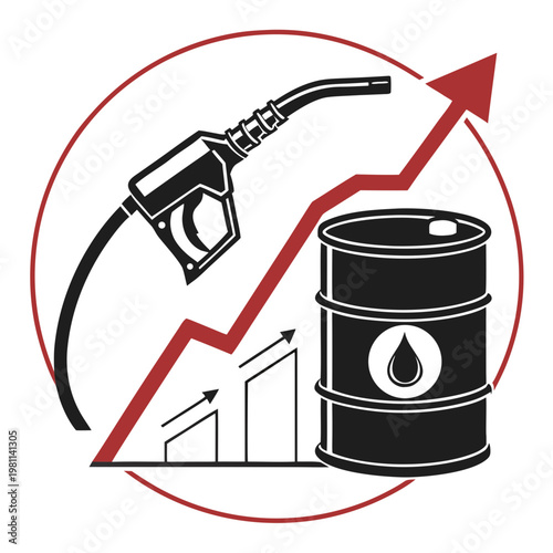 This graphic depicts a rising trend in oil prices symbolized by a fuel nozzle oil barrel and increasing graph lines high quality