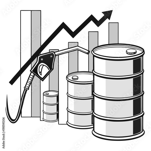 A black and white illustration depicts rising fuel costs symbolized by a graph ascending above oil barrels and a pump high quality
