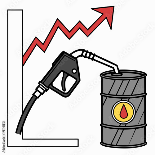 An illustration depicts a rising graph above an oil pump and barrel symbolizing increasing fuel prices and energy costs high quality professional