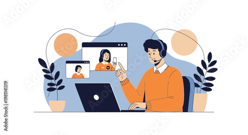 Man in video conference with headset, laptop, and colleagues on screen