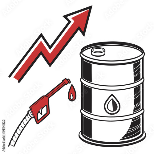 A graphic illustration depicts a rising red arrow alongside an oil barrel and fuel pump symbolizing increasing energy costs high quality professional