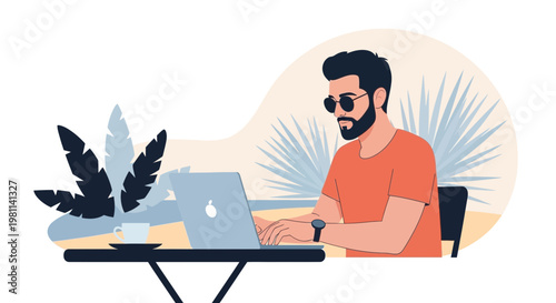 Man working on laptop at cafe table with coffee and tropical plants