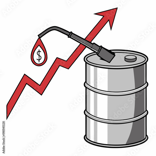 This illustration depicts a metal oil barrel alongside a sharply rising red graph with a dollar sign droplet symbolizing increasing energy costs