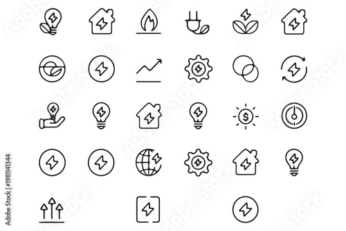Collection of black outline representing electricity, energy, and sustainability concepts renewable energy